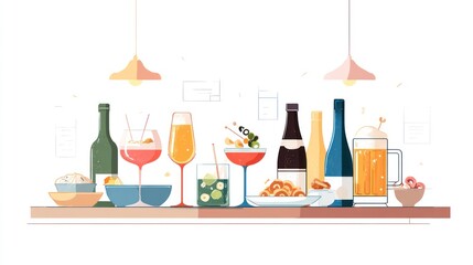 Colorful flat design of various beverages and appetizers on a bar counter