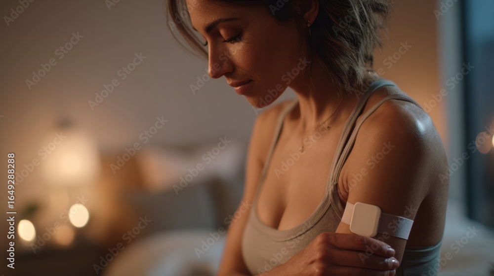 Poster medium shot of a user gently touching a continuous coretemperature sensor on her arm with the surrou