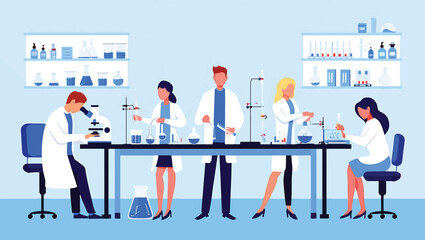 A team of dedicated scientists and researchers meticulously conducting experiments in a modern, fully equipped scientific laboratory. Vector illustration concept.