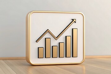 Golden growth chart icon with arrow pointing upward, symbolizing business success, financial increase, and positive market trends on a wooden surface