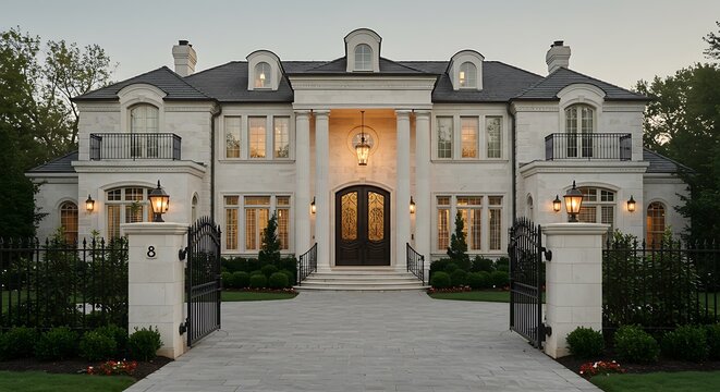 Sophisticated USA home exterior highlighting opulent mansion with grand entrance and marble exteriors