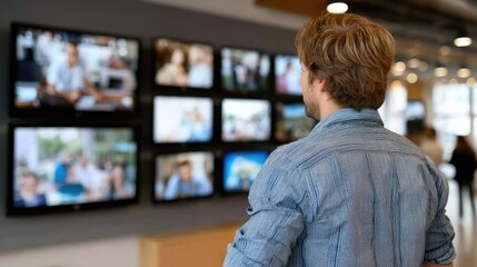 The man stands before screens, reflecting on personal experiences that showcase technology's impact