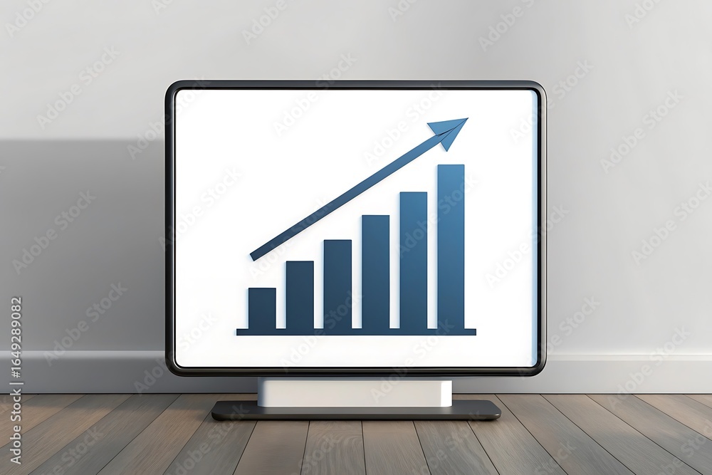 Poster a 3d rendering of a monitor displaying a bar graph with an arrow pointing upwards, symbolizing busin