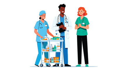 Diverse medical team of doctors and nurses with a medicine cart, professional healthcare staff concept. Vector illustration.