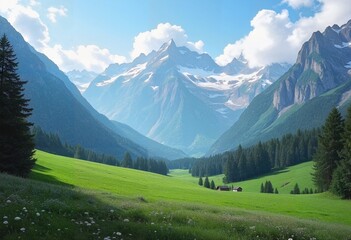 Serene landscape with green valley against rocky mountains