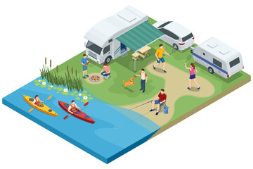 Isometric lakeside camping with RVs, caravans, fishing, kayaking, badminton, and playing with dog. Summer vacation and travel concept