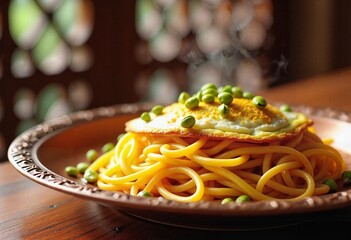 Hot pasta with fried eggs and pistachios
