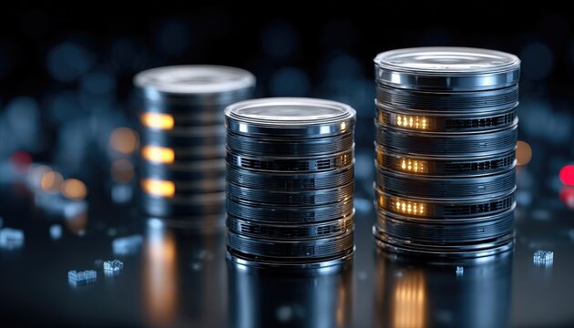 Dark, futuristic server stacks with glowing lights