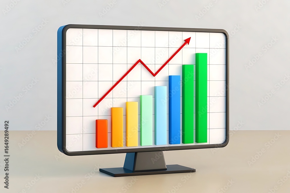 Poster a 3d rendering of a monitor displaying a colorful bar graph with a red arrow pointing upwards, symbo