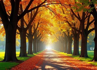 Deserted alley with autumn trees and falling leaves