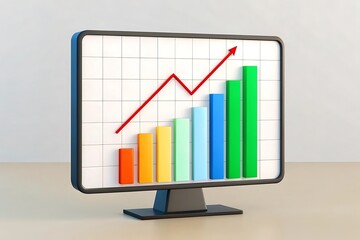 A 3d rendering of a monitor displaying a colorful bar graph with a red arrow pointing upwards, symbolizing business growth and financial success, isolated on white background