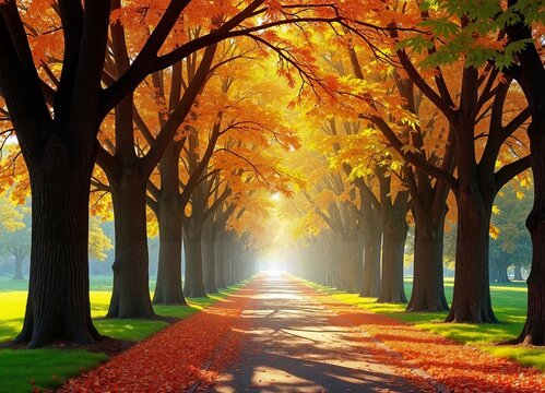 Deserted alley with autumn trees and falling leaves