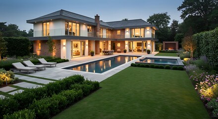 Exclusive UK home exterior highlighting luxury villa featuring landscaped gardens and poolside views
