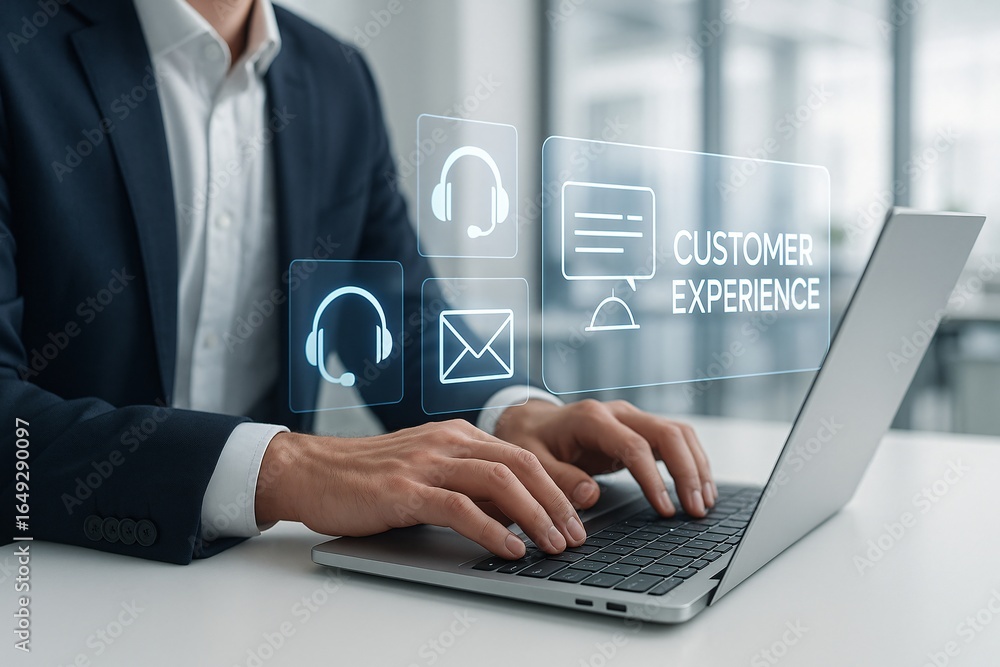 Poster customer experience with technology and support tools for customer experience with ai concept.