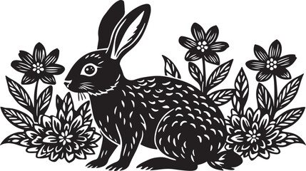 A fun cartoon rabbit with pink ears is standing in the grass with a spring flower