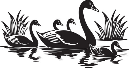Two swans and a duck on a lake, their silhouettes a symbol of love and wild nature