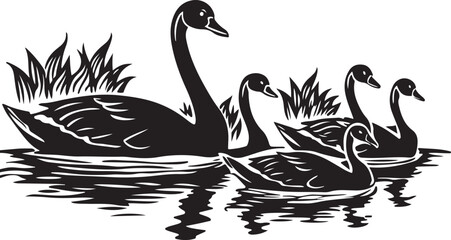 Black swans swimming together on a peaceful lake vector illustration