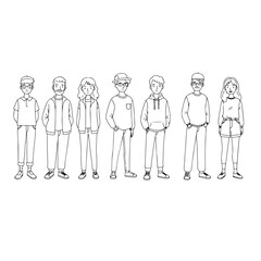 A line drawing showcases seven diverse individuals, each styled in casual attire, standing in a row.