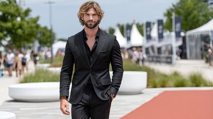 A stylish Italian man strides gracefully on the red carpet, drawing attention from the audience at a prominent film event