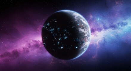 Fototapeta premium Futuristic vision of a distant exoplanet with a luminous alien civilization amidst a vibrant cosmic nebula.