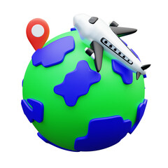 3D Illustration of a passenger airplane circling a globe with a location pin, representing travel destinations
