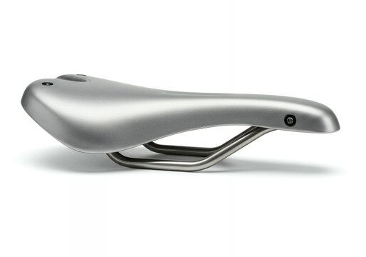 Elegant silver bike seat side profile with curved ergonomic rails, premium cycling saddle for comfort and performance riding - Powered by Adobe