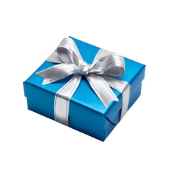 Fototapeta premium Luxurious blue present elegantly wrapped with a silver bow PNG with a transparent background, ideal for upscale gifts and holiday celebrations.