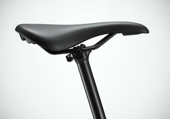 Modern black bicycle saddle with ergonomic design mounted on seatpost against white studio background for cycling product photography