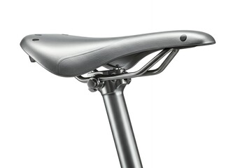 Gray bicycle seat with dual-rail suspension system and textured surface mounted on silver seatpost for comfort cycling equipment photography