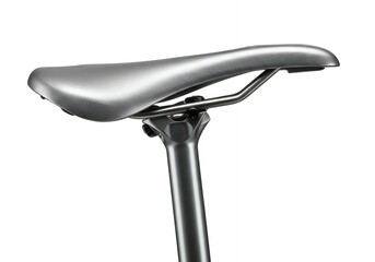 Silver carbon fiber bicycle saddle with mesh texture pattern on aluminum seatpost for lightweight racing bike equipment product shot