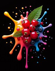 Fresh fruits on colorful splash isolated on black background