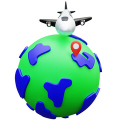 3D Illustration of a globe with an airplane above, symbolizing air travel and global tourism