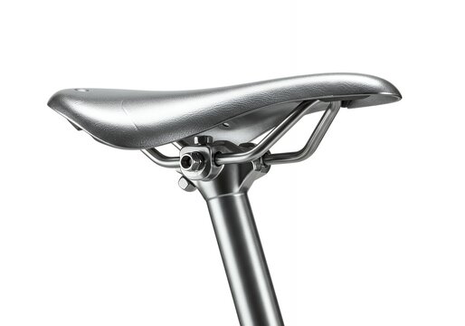 Metallic silver bicycle saddle with hollow rail system and leather texture finish on seatpost for high-performance cycling gear catalog