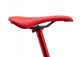 Rear view of ergonomic red bicycle saddle showing dual adjustment rails and mounting system on black seatpost for professional cycling equipment