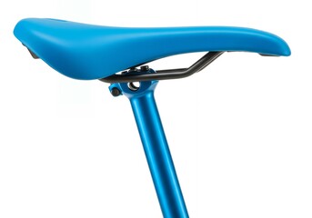 Rear angle view of turquoise bicycle saddle with black suspension rails and blue anodized seatpost showing adjustment mechanism for cycling setup