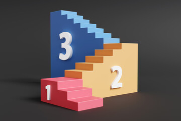 Colorful staircases connecting three floors labelled with white digits on a black background. Illustration of the concept of the ladder of success and ranking