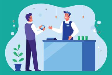 Customer using a smartphone for a contactless mobile payment at a cafe checkout counter with a smiling barista. Flat vector illustration.