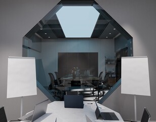 Modern octagonal conference room with a large glass window overlooking a meeting space