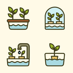 Colorful illustrations of plant growth in hydroponic systems, featuring water tanks, small pots, and drip irrigation