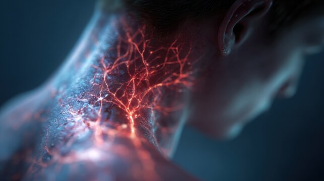 Medical visualization shows nerve impulses spreading like fiery branches through the neck and upper back area of a human figure, highlighting the complex network of the nervous system