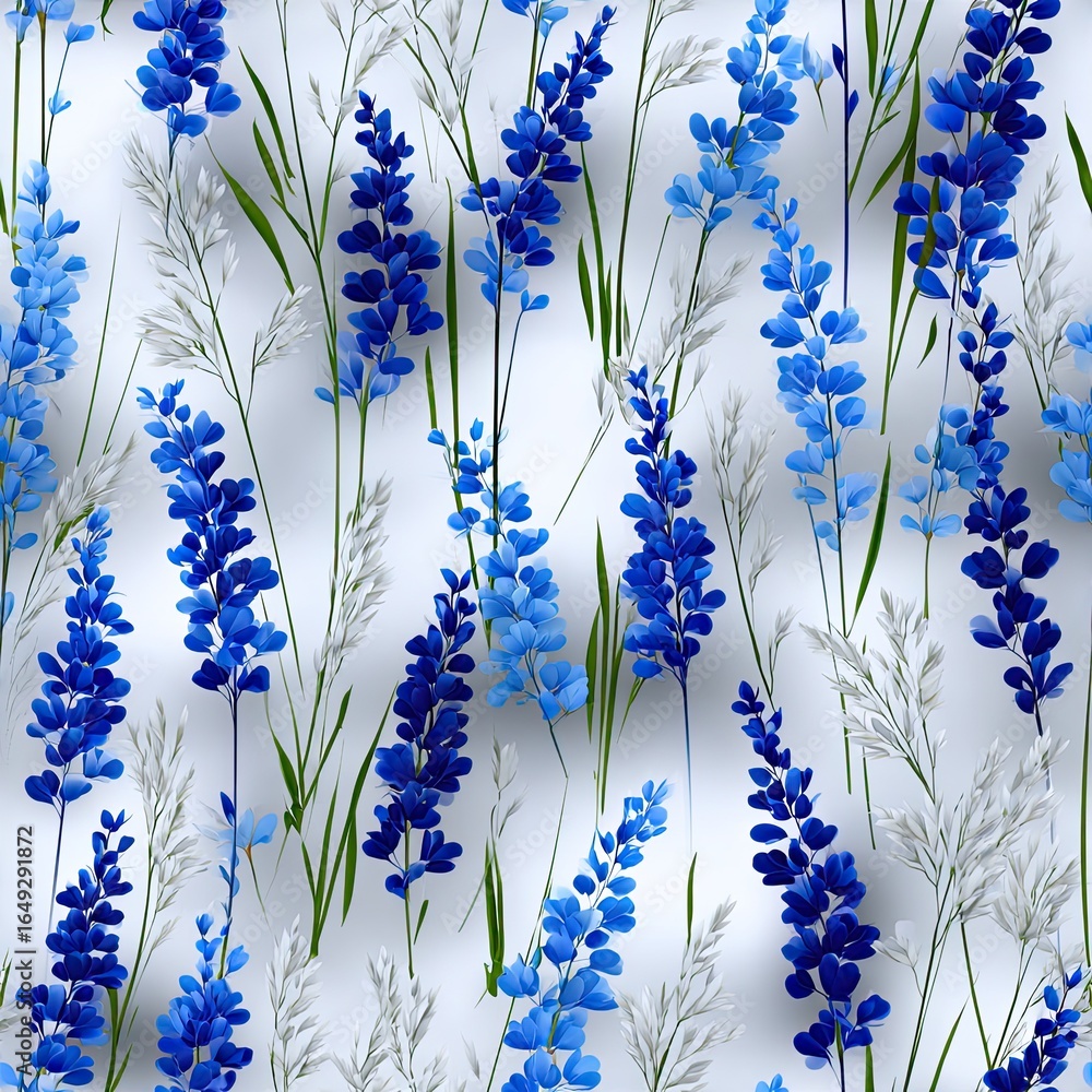 Poster delicate blue wildflowers and grasses create a seamless pattern on a light background, capturing int