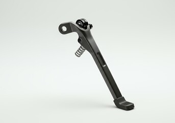 Black bicycle kickstand with spring mechanism and rubber foot, side profile product shot for cycling accessory catalog