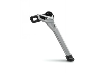 Silver aluminum bicycle kickstand with black mounting plate and spring mechanism, angled view cycling accessory product photography