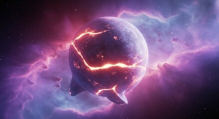 Cosmic cataclysm of an exploding planet cracking apart, revealing a fiery core amidst a vibrant purple and pink nebula