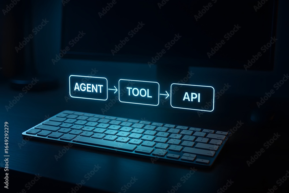 Poster modern technology interface with agent, tool and api.