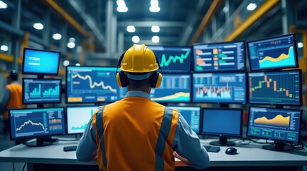 Industrial Engineer with Multiple Monitors, factory control and data analysis, modern technology.