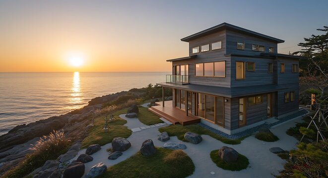 Stylish Japan home exterior featuring seaside retreat featuring panoramic oceanfront views