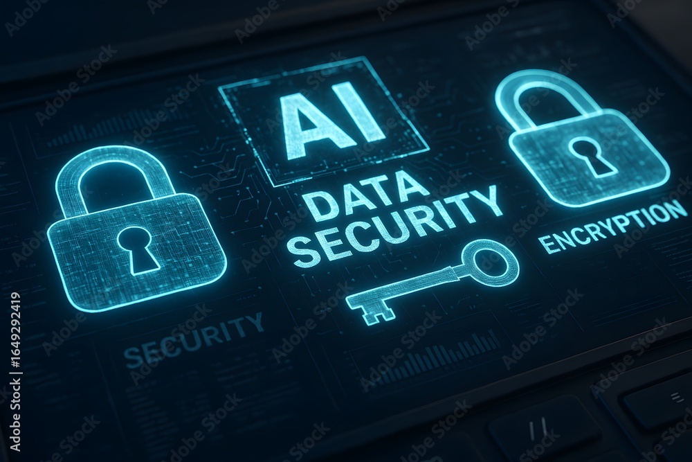 Poster an illustration representing data security and artificial intelligence.