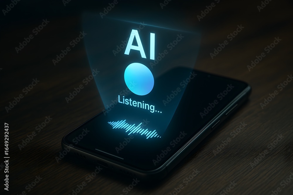 Poster a smartphone displaying an ai listening interface.