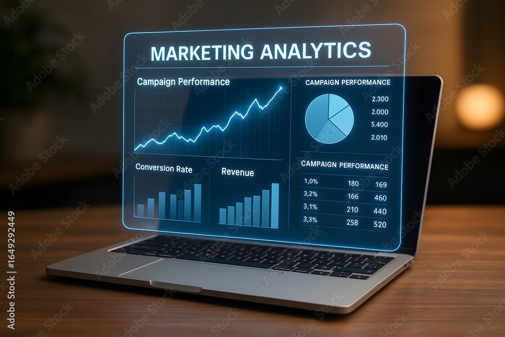 Poster data analysis interface, digital marketing interface with graphs displayed on laptop screen